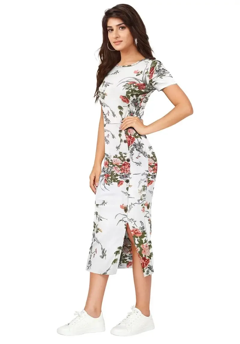 Enticing White Floral Printed Side-Slit Bodycon Dress