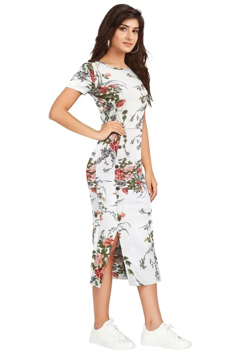 Enticing White Floral Printed Side-Slit Bodycon Dress