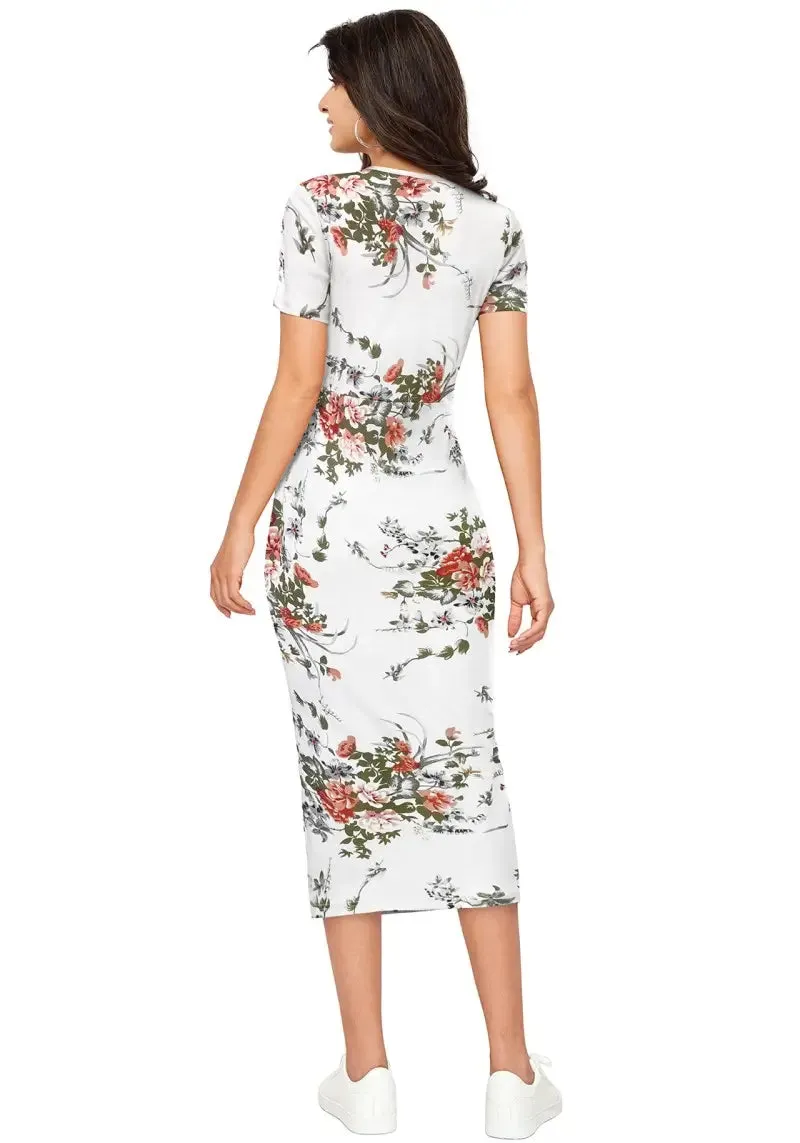 Enticing White Floral Printed Side-Slit Bodycon Dress