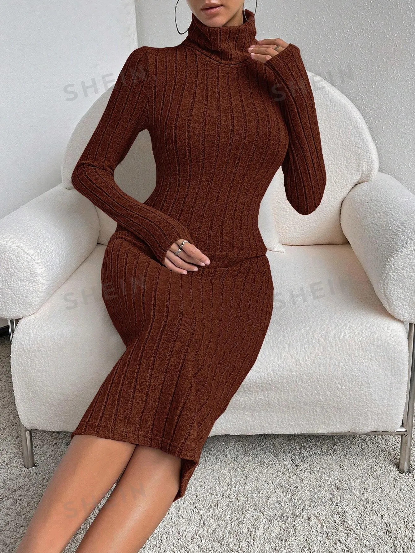 Essnce High Neck Ribbed Knit Bodycon Dress