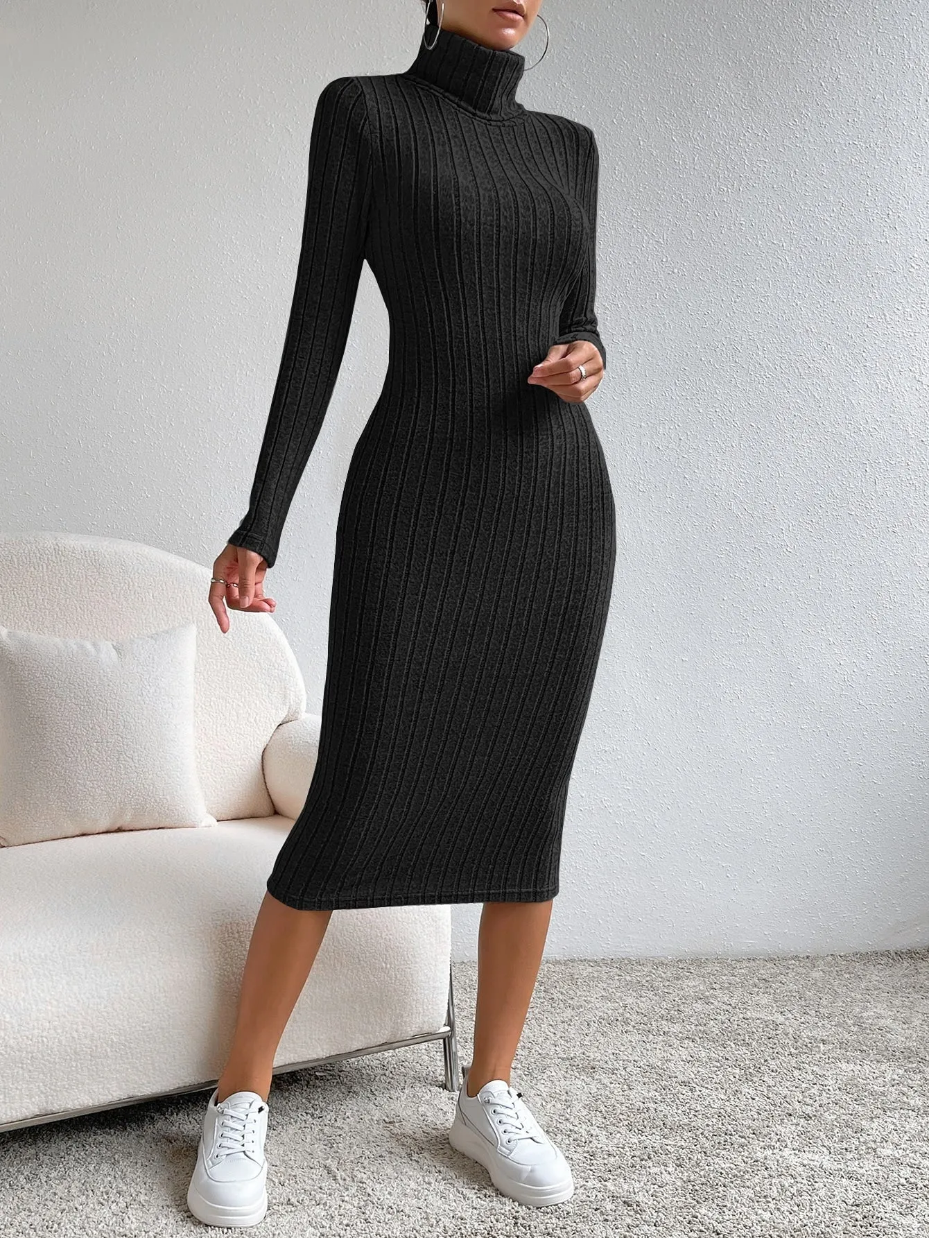 Essnce High Neck Ribbed Knit Bodycon Dress