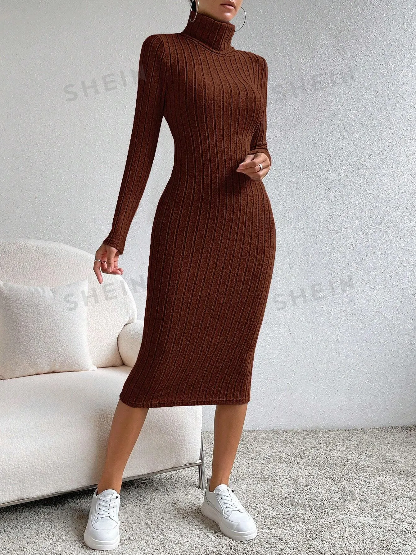 Essnce High Neck Ribbed Knit Bodycon Dress