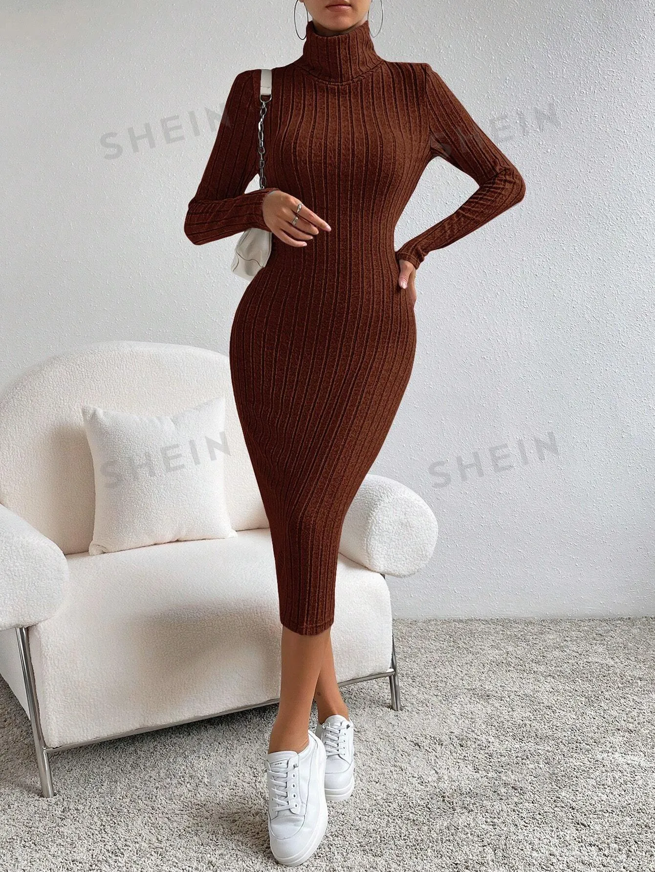 Essnce High Neck Ribbed Knit Bodycon Dress