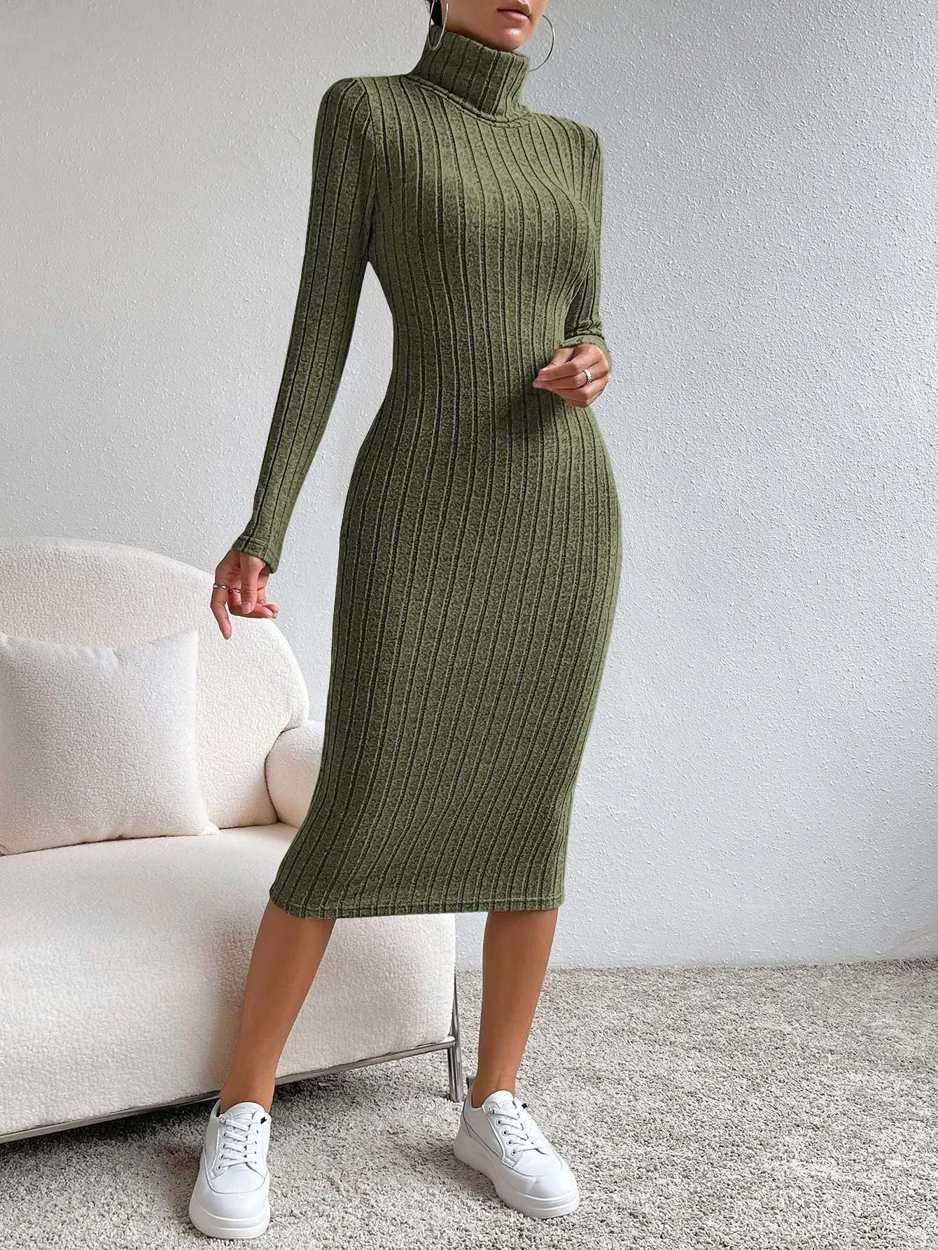 Essnce High Neck Ribbed Knit Bodycon Dress