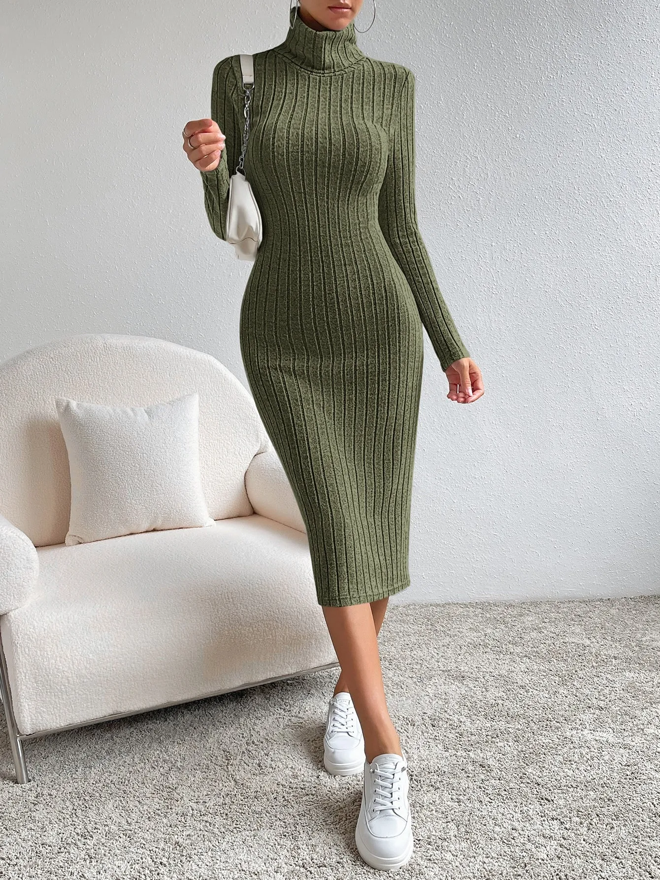 Essnce High Neck Ribbed Knit Bodycon Dress