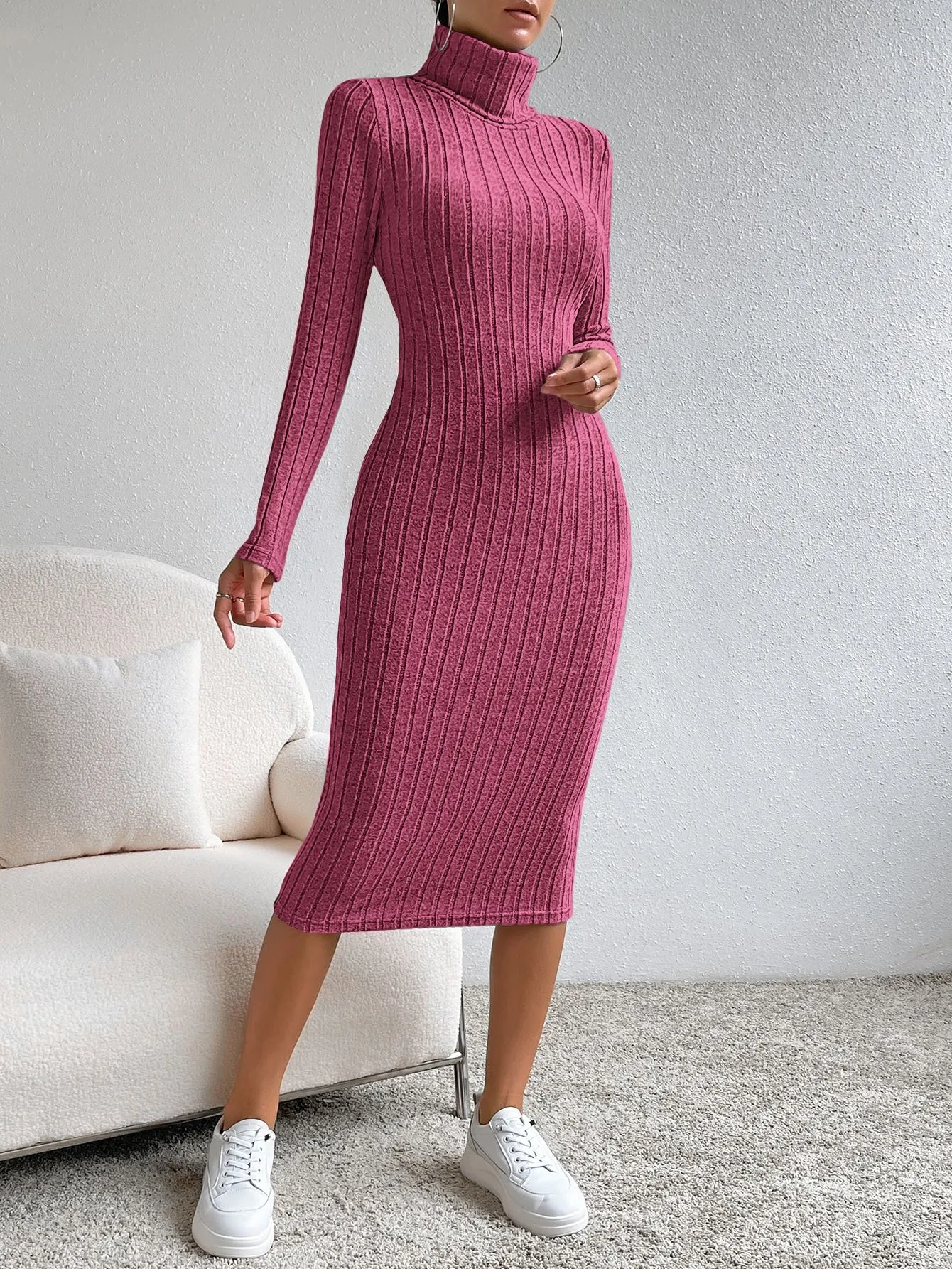 Essnce High Neck Ribbed Knit Bodycon Dress