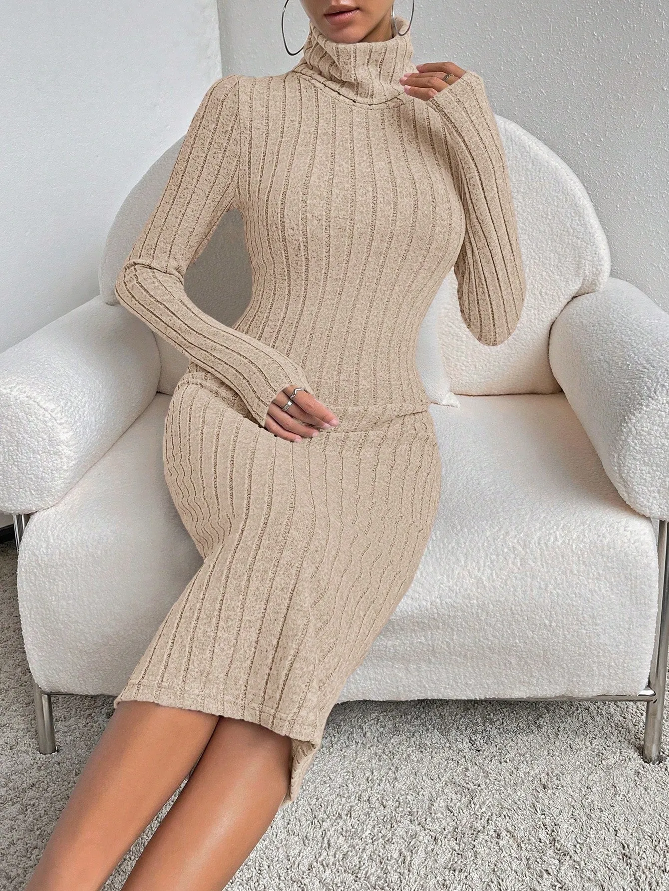 Essnce High Neck Ribbed Knit Bodycon Dress