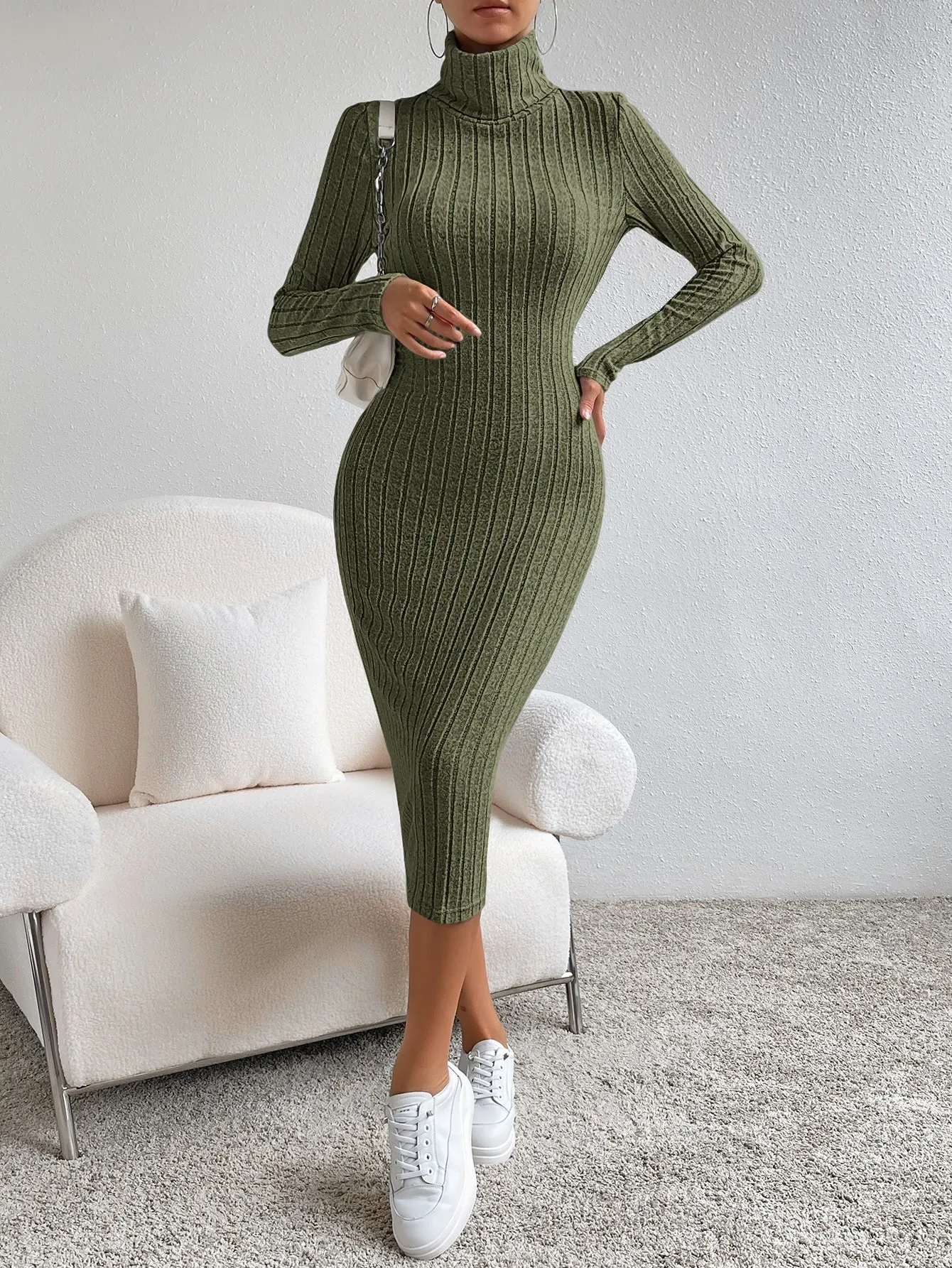 Essnce High Neck Ribbed Knit Bodycon Dress