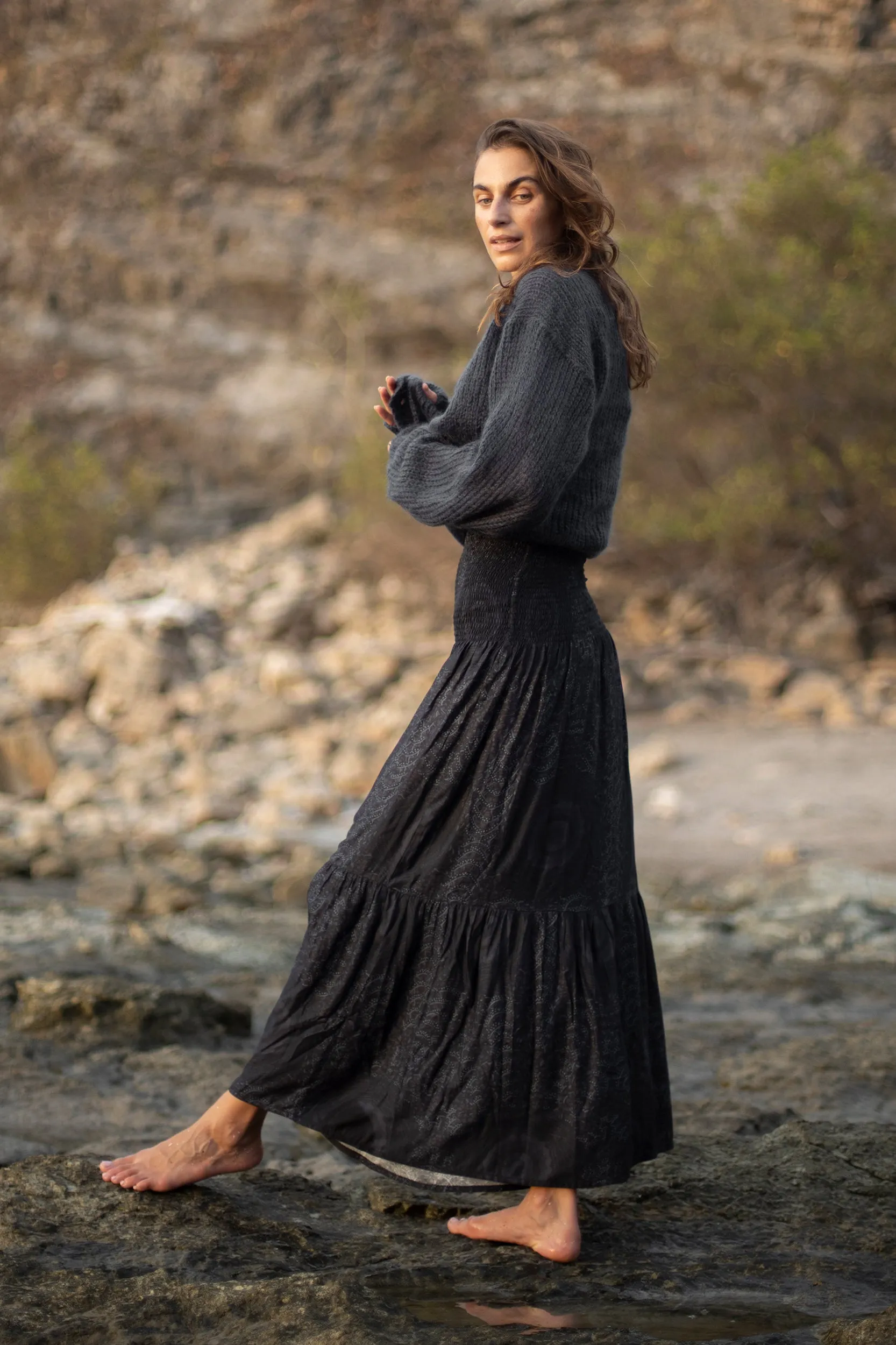 Gaia Skirt in African Peacock Print in Charcoal