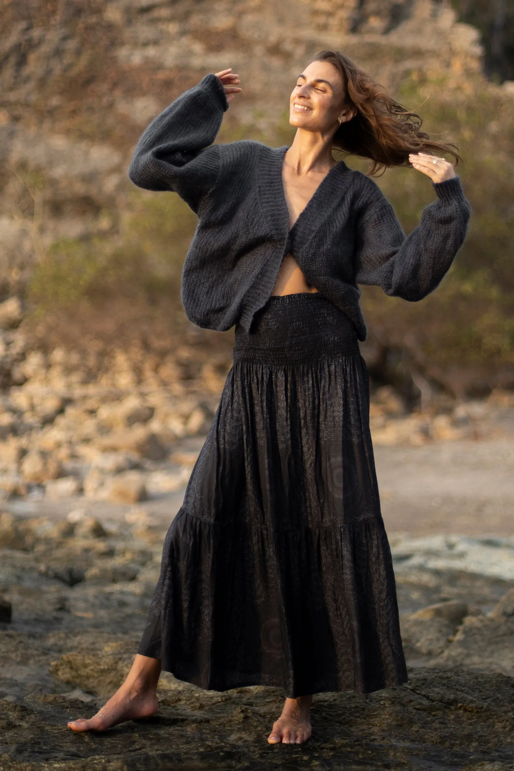 Gaia Skirt in African Peacock Print in Charcoal