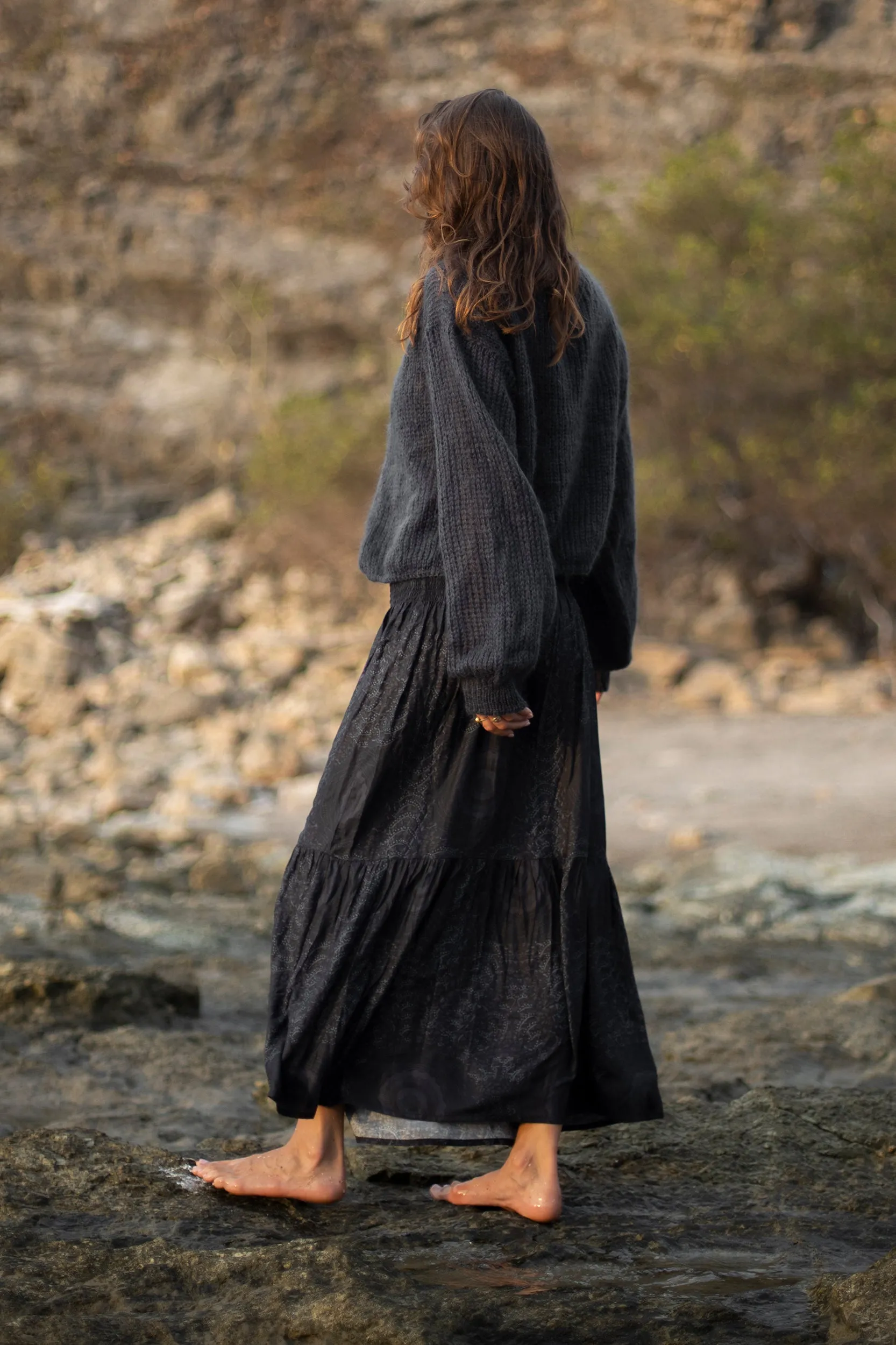 Gaia Skirt in African Peacock Print in Charcoal