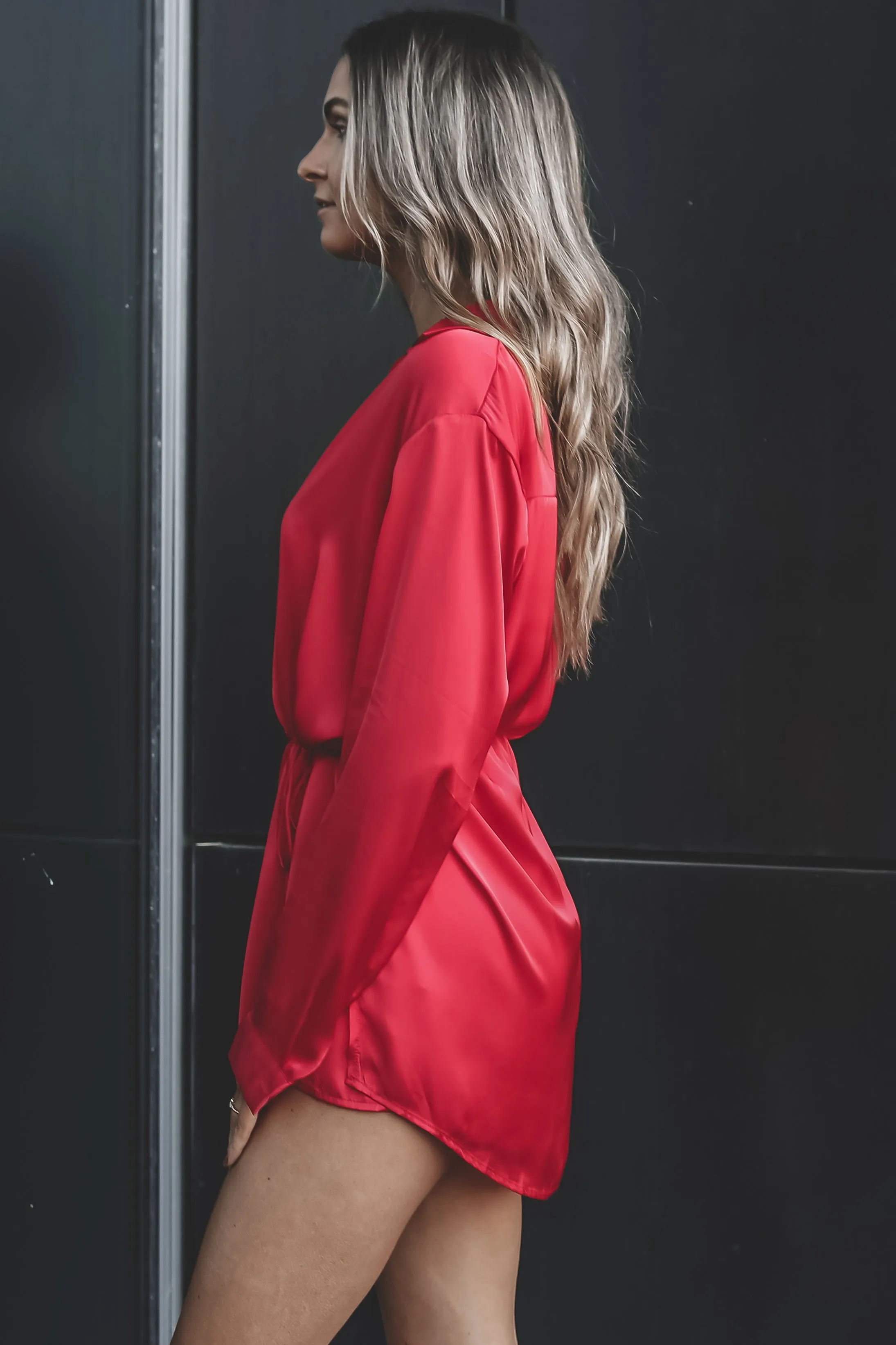 Giving Beverly Hills Satin Button Up Romper Dress
