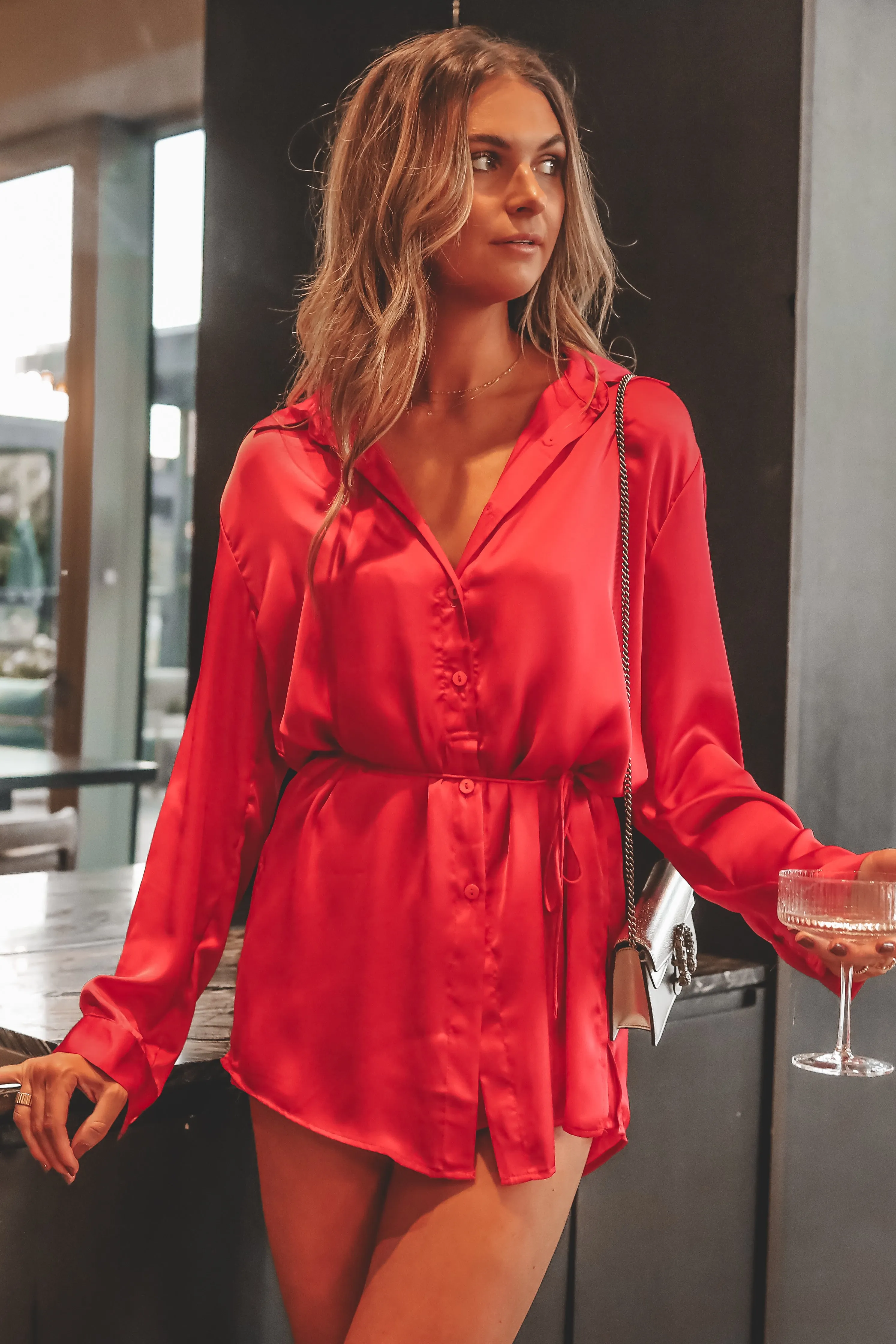 Giving Beverly Hills Satin Button Up Romper Dress