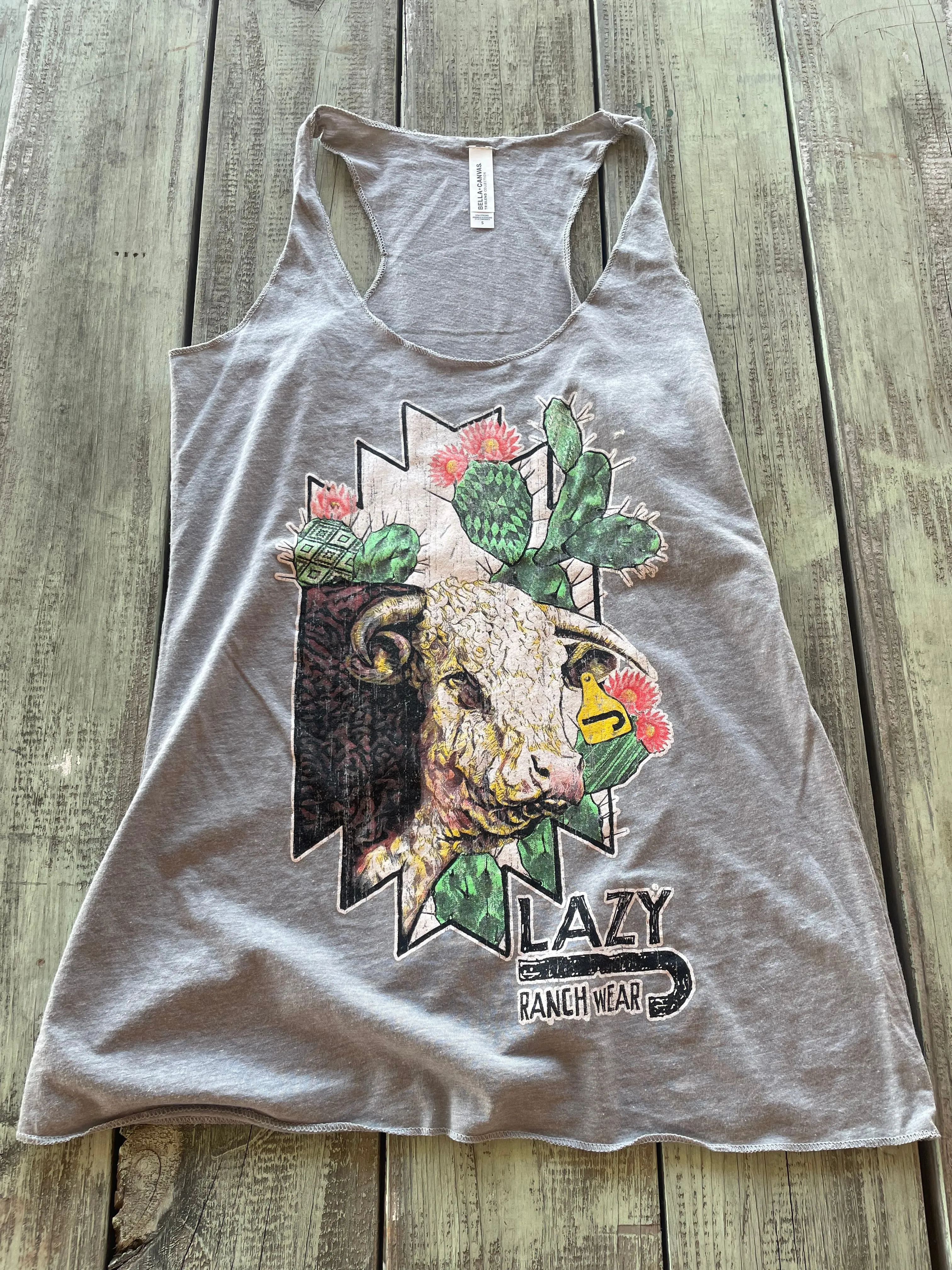 Lazy J Ranch Wear Women's Cactus Hereford Logo Racerback Tank Top - Athletic Heather
