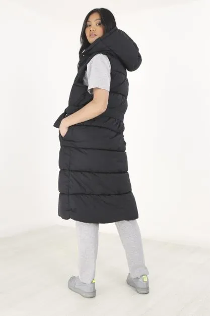 MAXI LENGTH BELTED FIXED HOOD PADDED PUFFER GILET