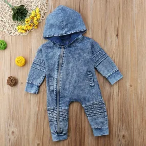 Newborn Baby Little Boys Zipper Romper Classic Jeans Outfit Long Sleeve Blue Bodysuit