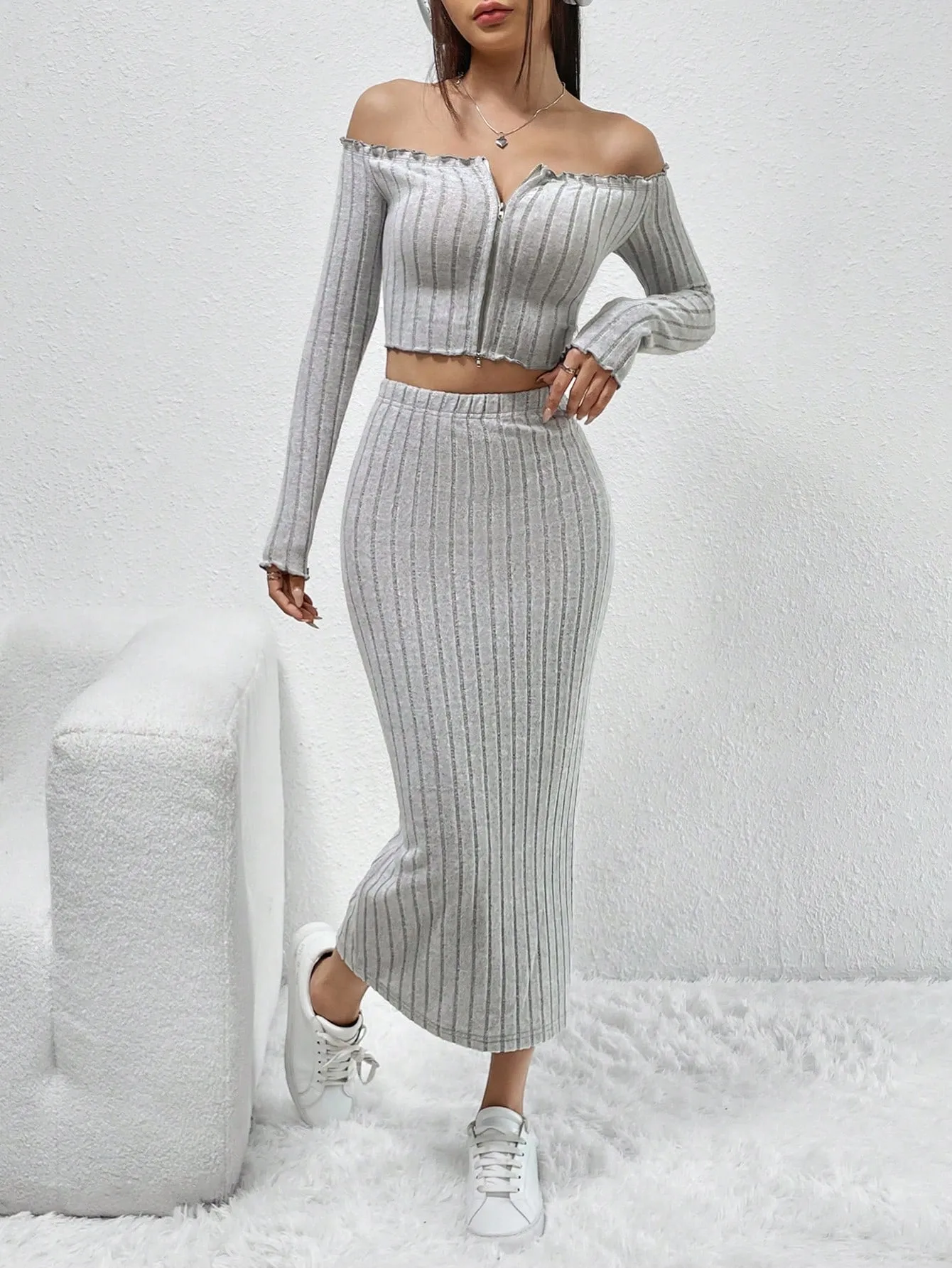 Off Shoulder Zip Up Crop Top & Pencil Skirt SS23 FD