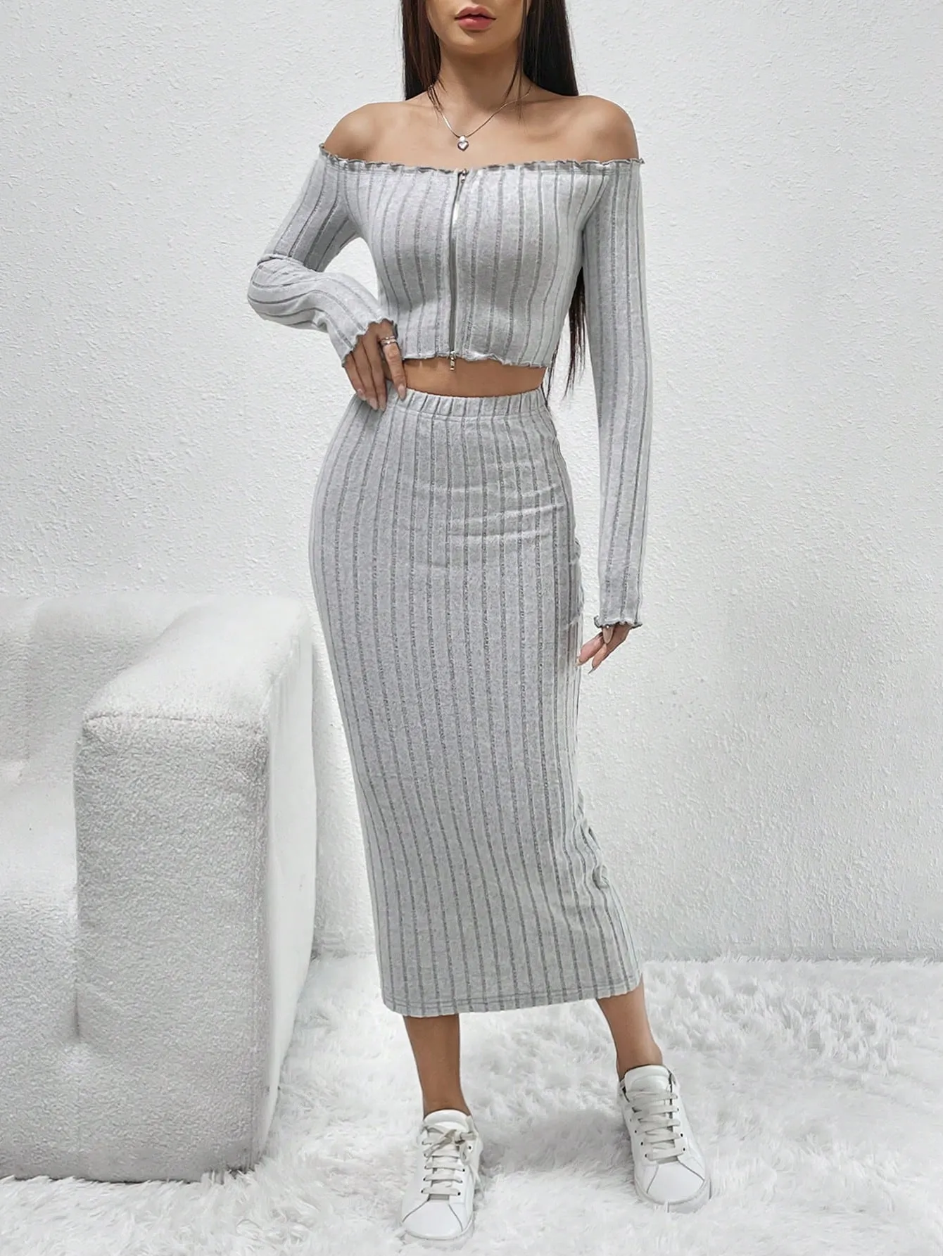 Off Shoulder Zip Up Crop Top & Pencil Skirt SS23 FD
