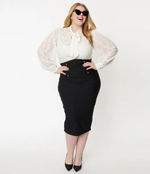 Pinstripe High Waist Sierra Pencil Skirt - Black -