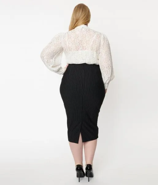 Pinstripe High Waist Sierra Pencil Skirt - Black -