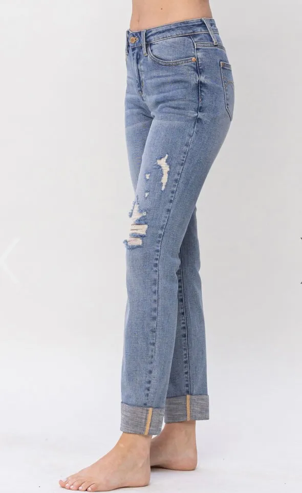 Plus Size Judy Blue Mid Rise Knee Destroyed Cuffed Long Boyfriend Jean