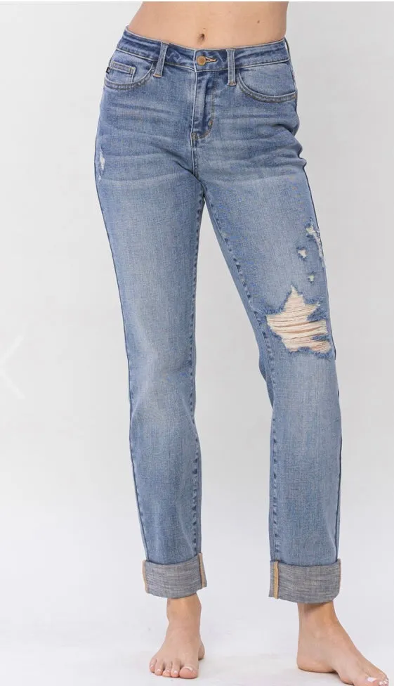 Plus Size Judy Blue Mid Rise Knee Destroyed Cuffed Long Boyfriend Jean