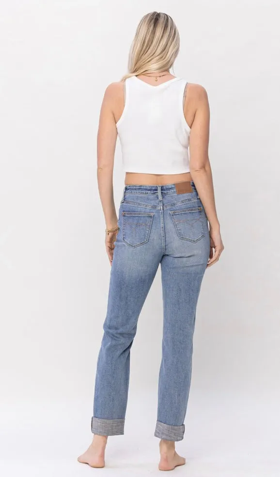 Plus Size Judy Blue Mid Rise Knee Destroyed Cuffed Long Boyfriend Jean