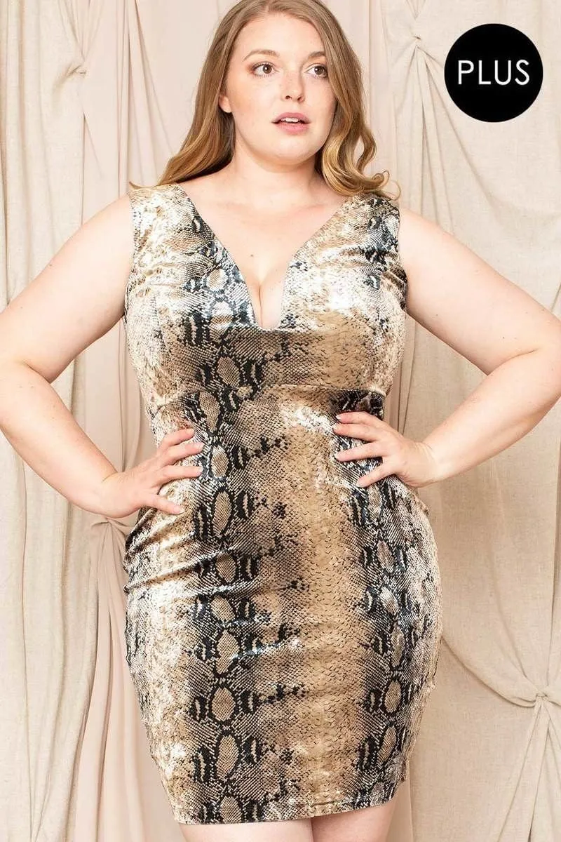 Plus Size Mocha Brown Snakeskin Print Sleeveless Deep V Neck Back Zipper Bodycon Mini Dress