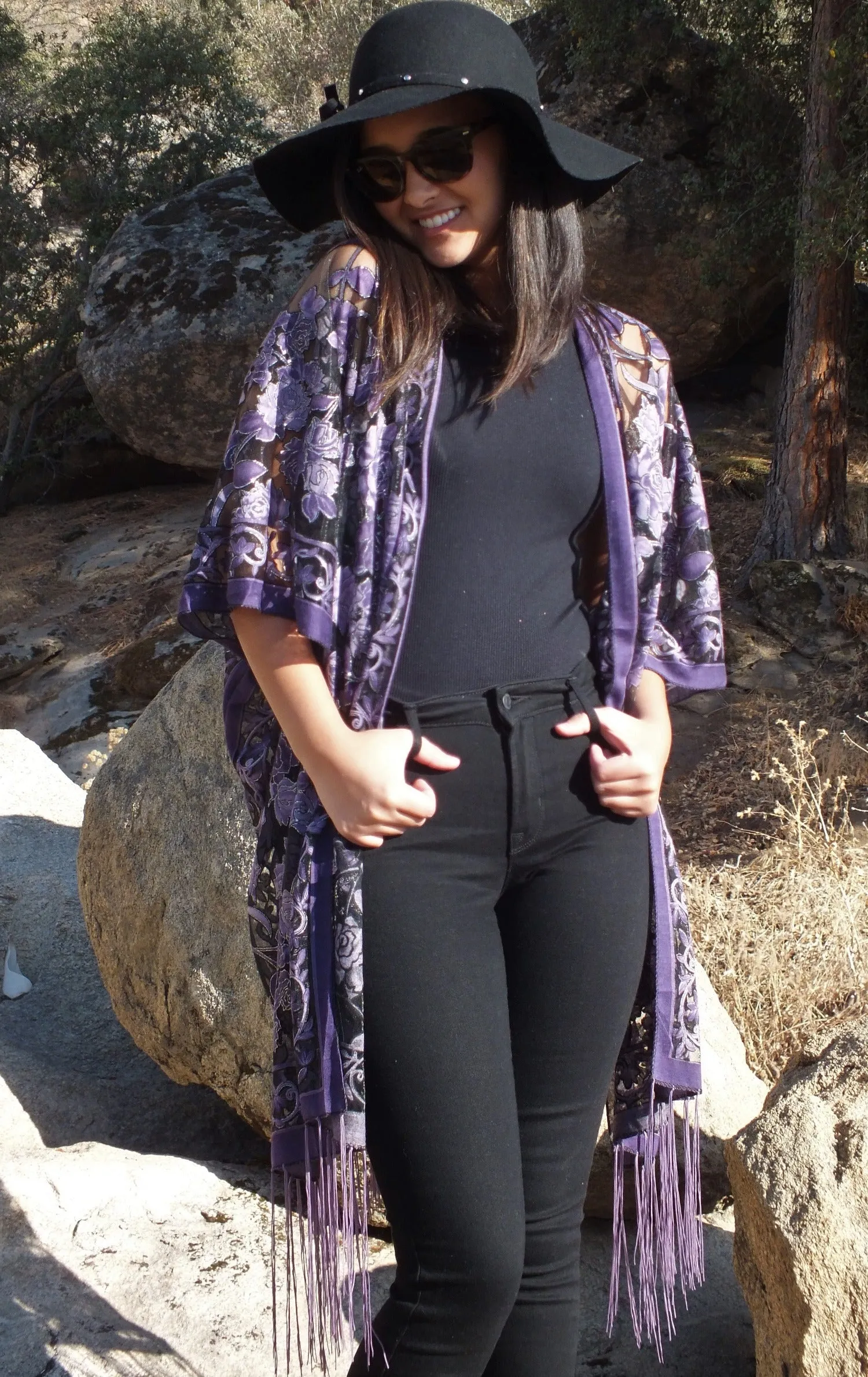 Purple Roses Floral Burnout Duster Kimono Ruana Top One size