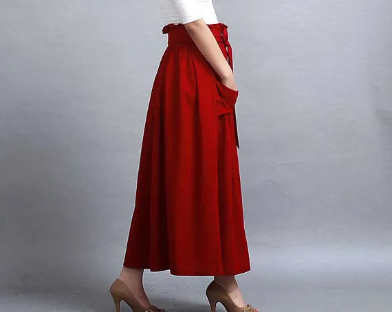Red linen maxi skirt with elastic wasit ruff detial 0288#