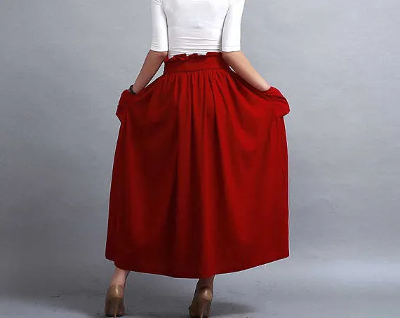Red linen maxi skirt with elastic wasit ruff detial 0288#