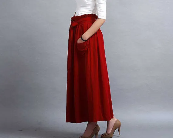 Red linen maxi skirt with elastic wasit ruff detial 0288#