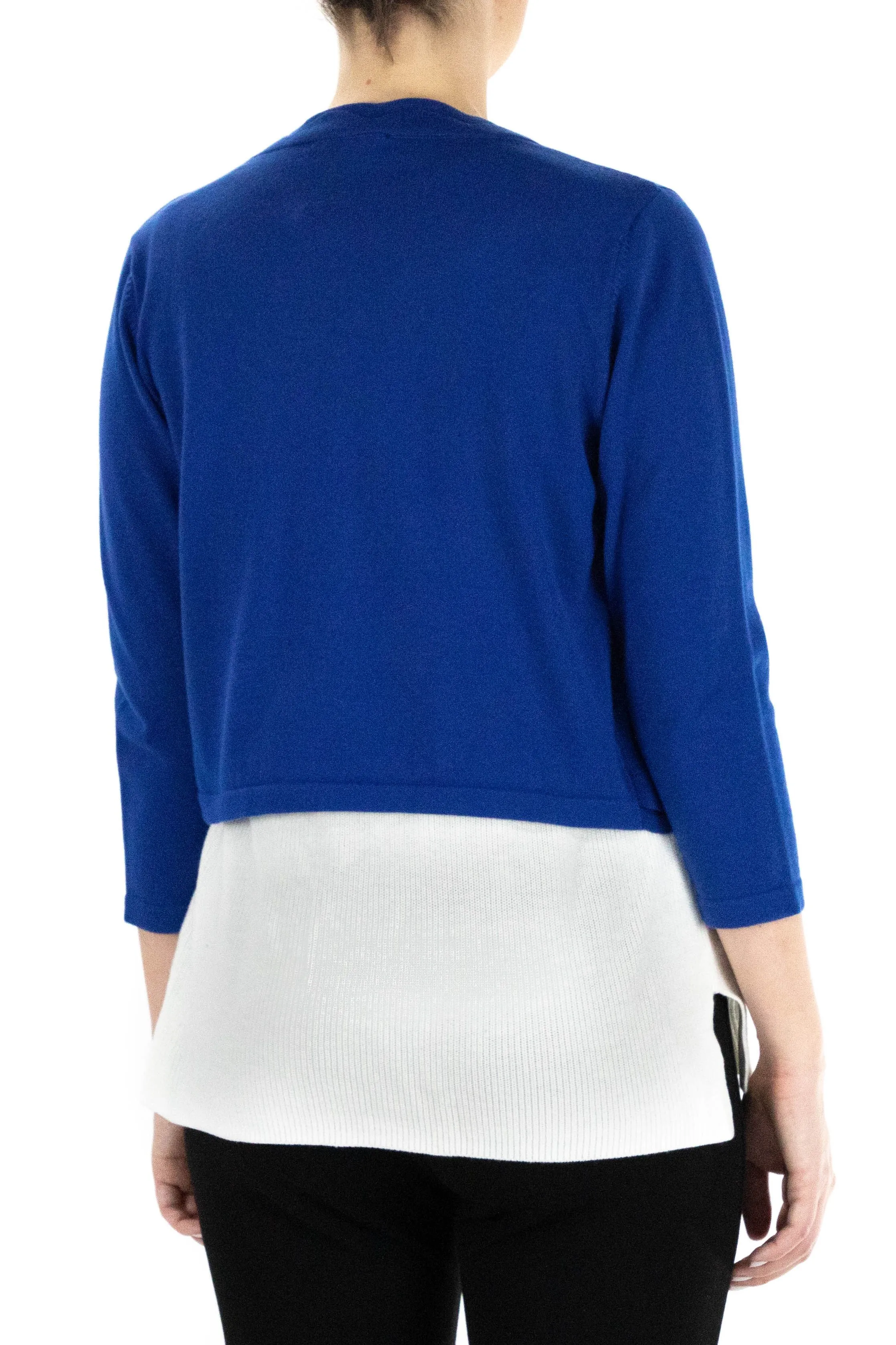 Scalloped Open Front 3/4 Sleeve Solid Rayon Knit Jacket Cobalt- Nina Leonard