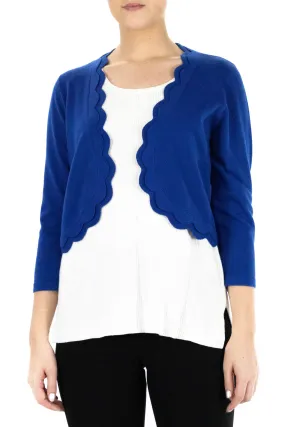 Scalloped Open Front 3/4 Sleeve Solid Rayon Knit Jacket Cobalt- Nina Leonard