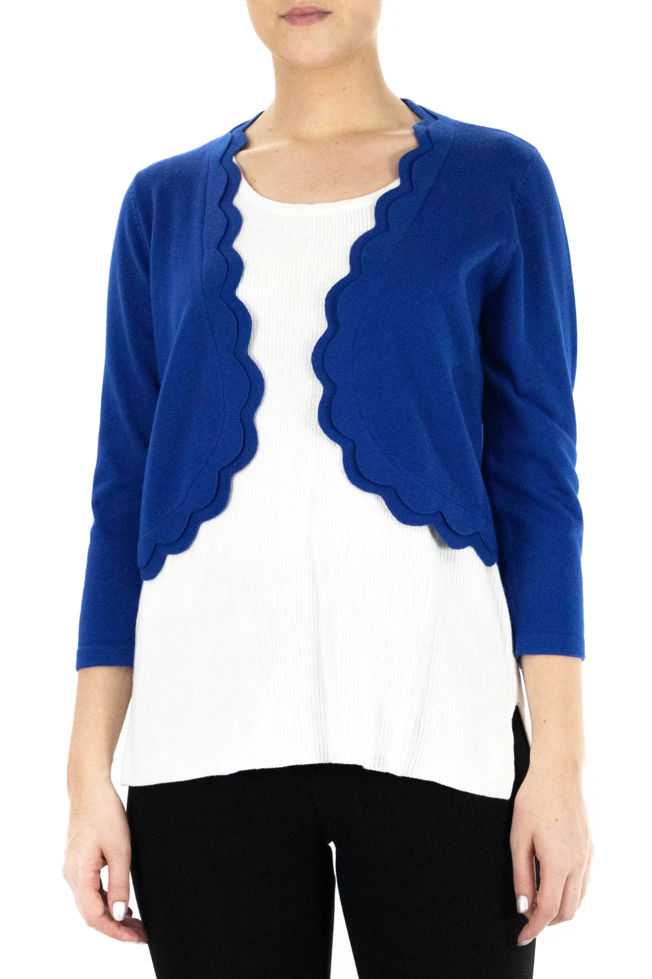 Scalloped Open Front 3/4 Sleeve Solid Rayon Knit Jacket Cobalt- Nina Leonard