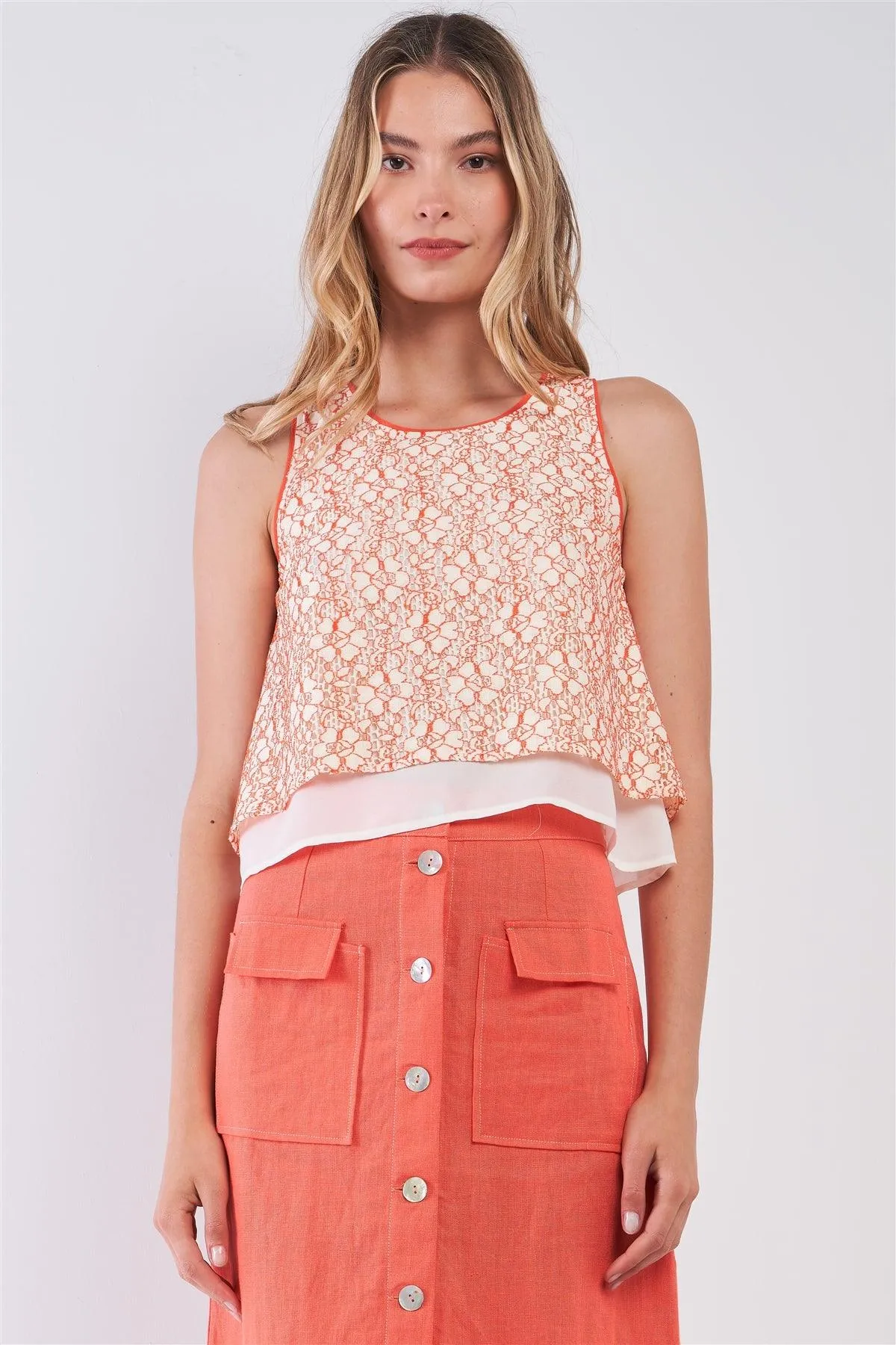 Sunny Apricot Orange Sleeveless Floral Crochet Layered Round Neck Flare Top /1-2-3-1
