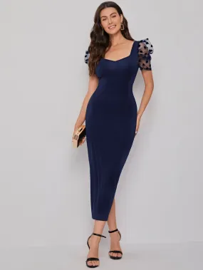 Sweetheart Neck Mesh Puff Sleeve Dress