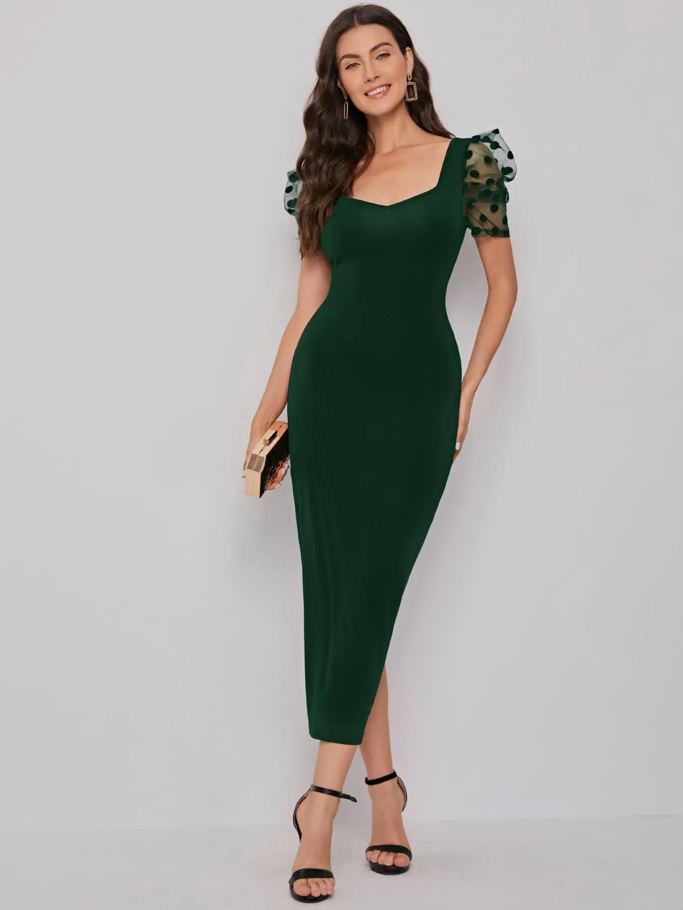 Sweetheart Neck Mesh Puff Sleeve Dress