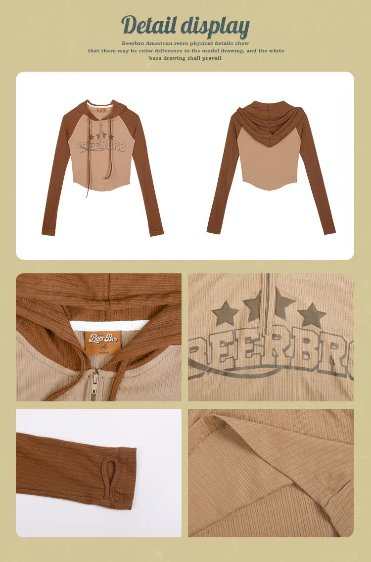 Triple Stars Beerbro Graphic Letter Print Patchwork Long Sleeve Hooded Cropped Top
