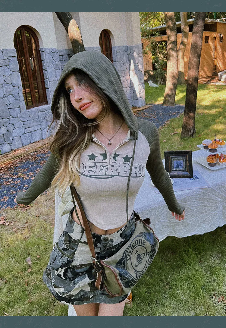 Triple Stars Beerbro Graphic Letter Print Patchwork Long Sleeve Hooded Cropped Top