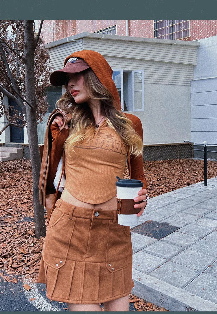Triple Stars Beerbro Graphic Letter Print Patchwork Long Sleeve Hooded Cropped Top