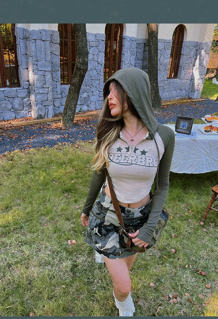 Triple Stars Beerbro Graphic Letter Print Patchwork Long Sleeve Hooded Cropped Top