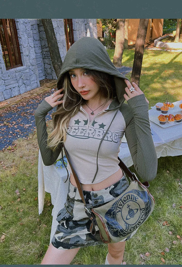 Triple Stars Beerbro Graphic Letter Print Patchwork Long Sleeve Hooded Cropped Top
