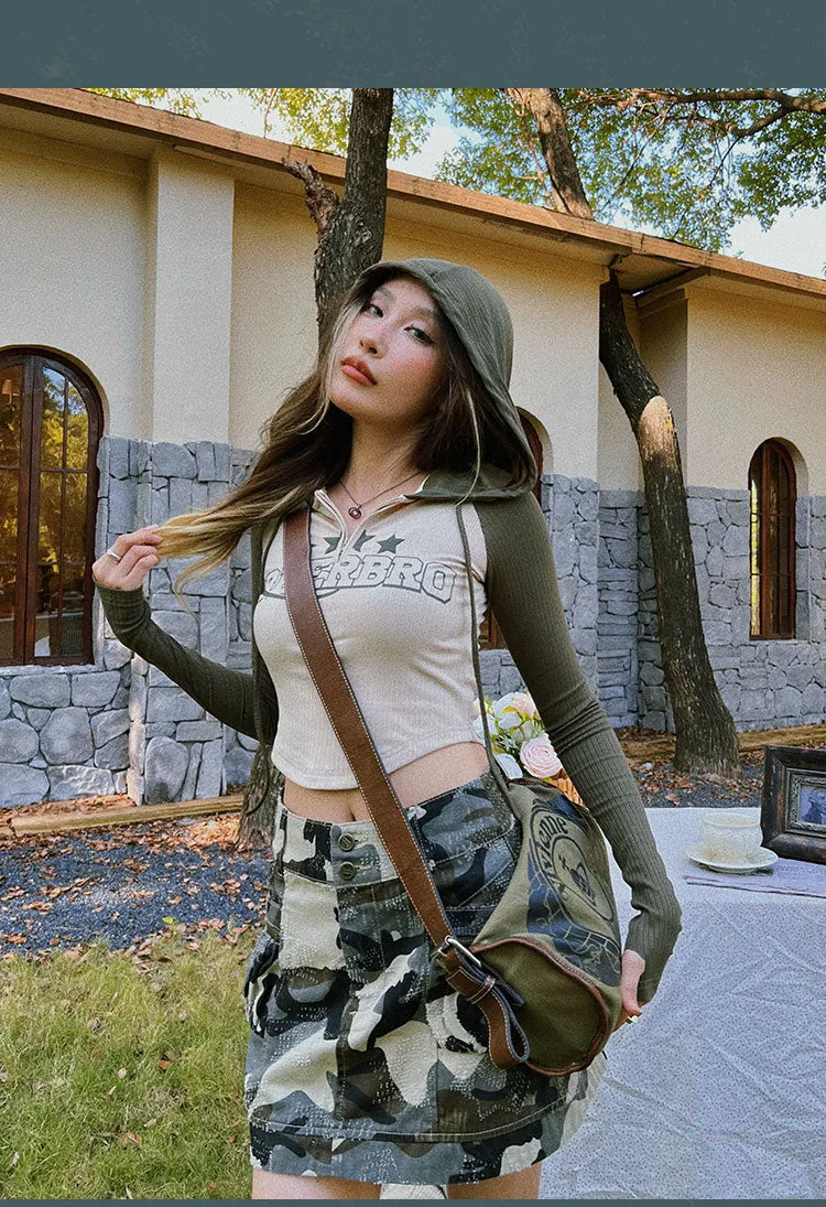 Triple Stars Beerbro Graphic Letter Print Patchwork Long Sleeve Hooded Cropped Top