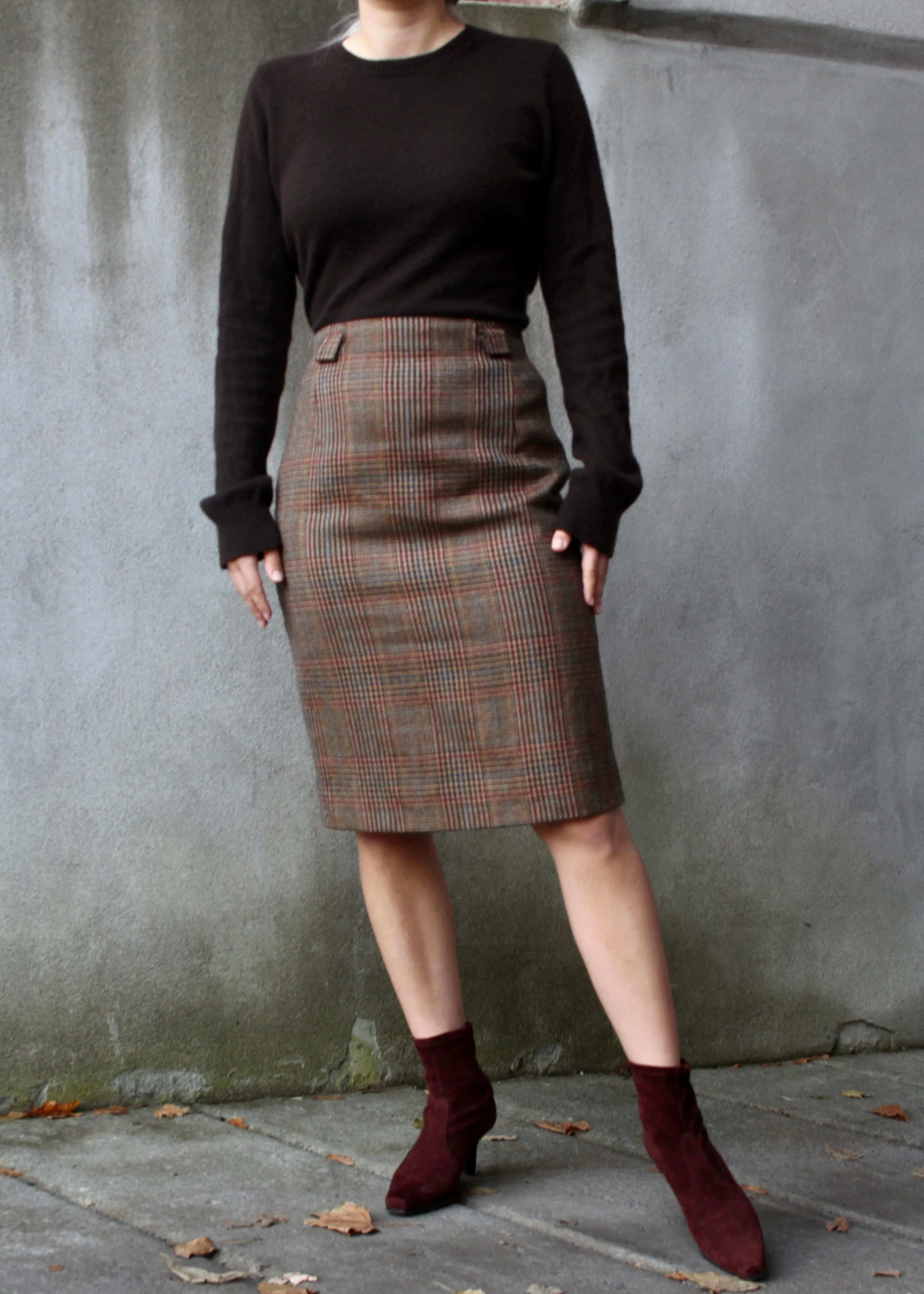 Vintage 100% Wool Houndstooth Plaid Pencil Skirt - 26