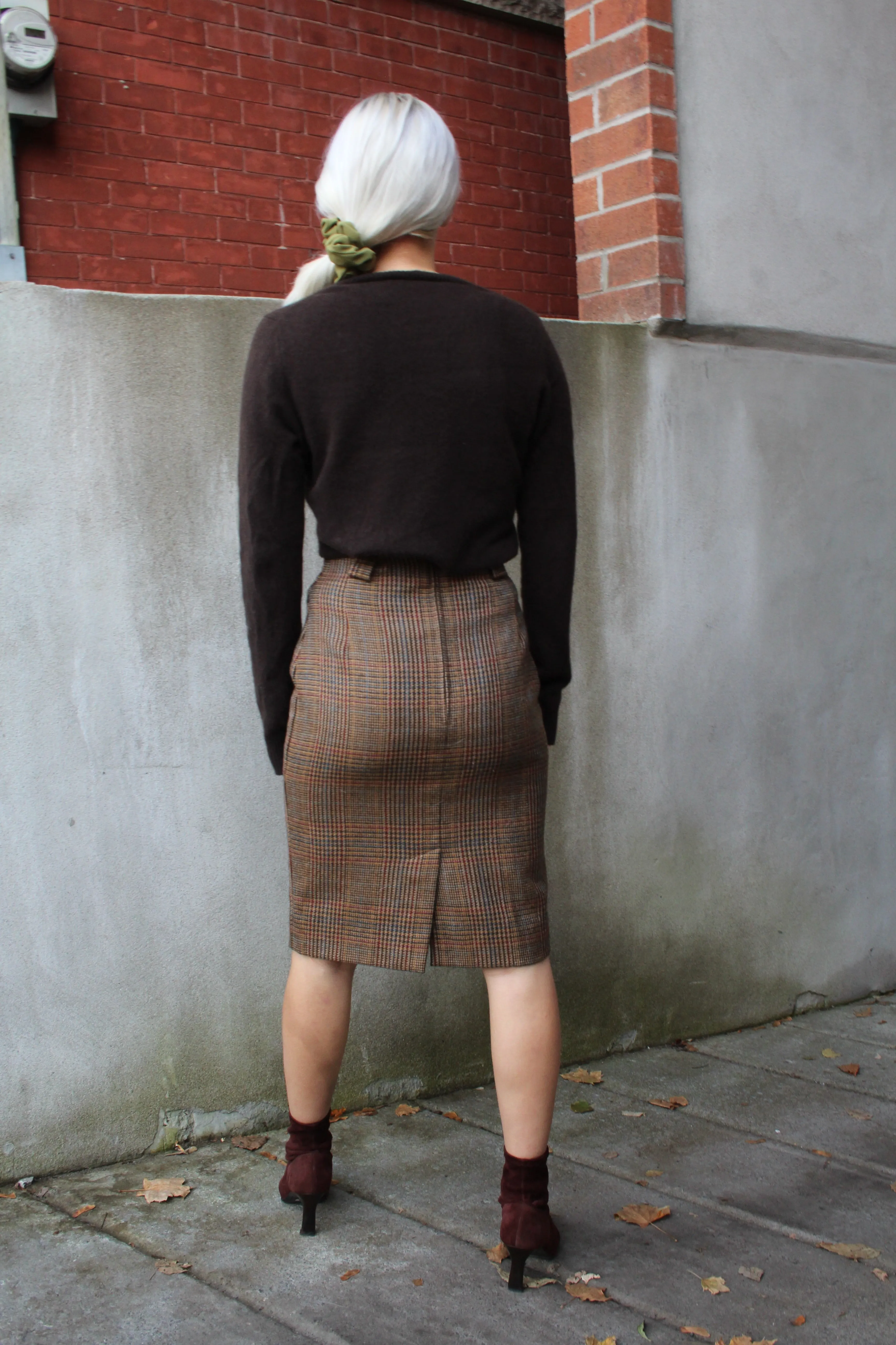 Vintage 100% Wool Houndstooth Plaid Pencil Skirt - 26