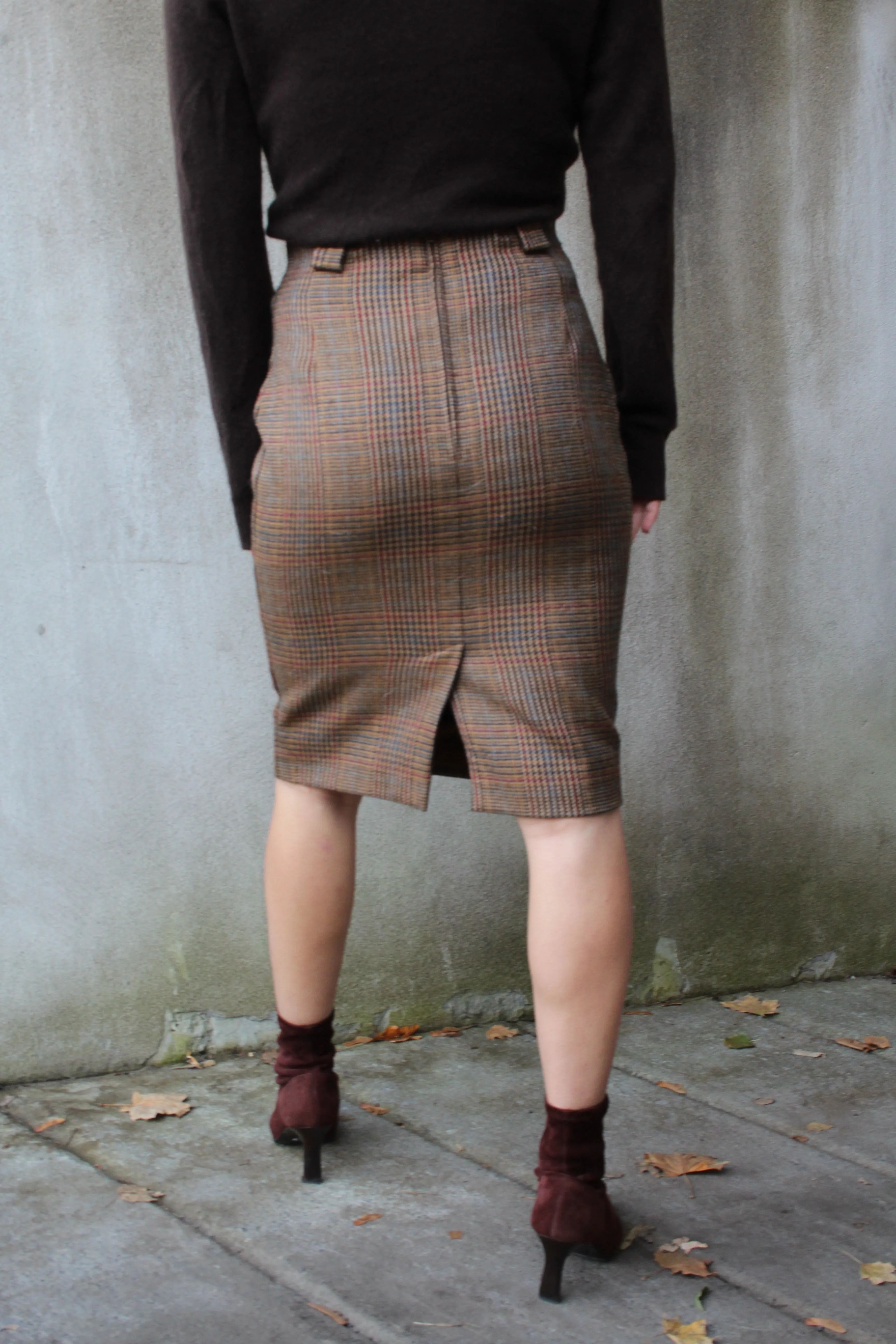 Vintage 100% Wool Houndstooth Plaid Pencil Skirt - 26