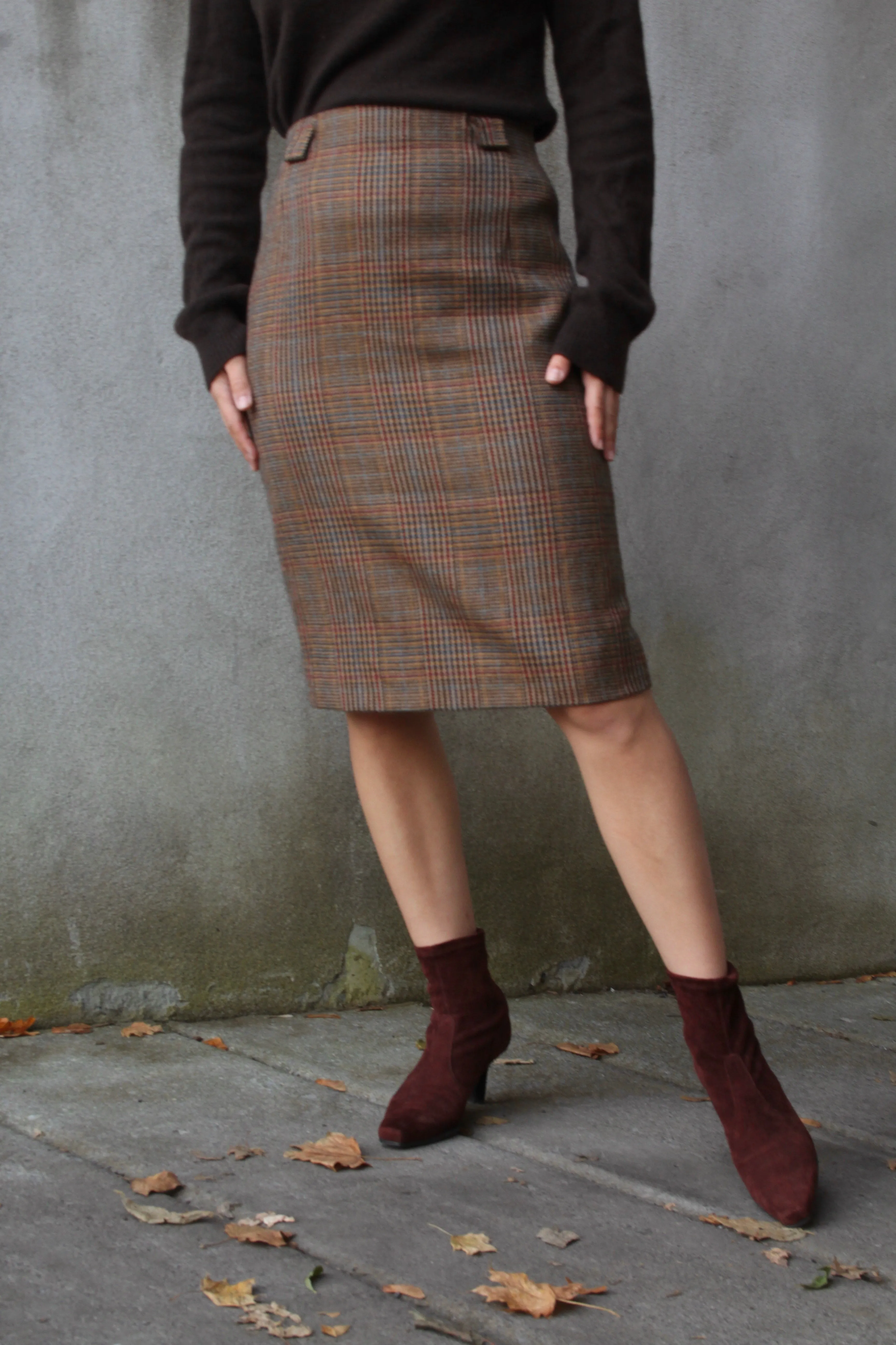 Vintage 100% Wool Houndstooth Plaid Pencil Skirt - 26