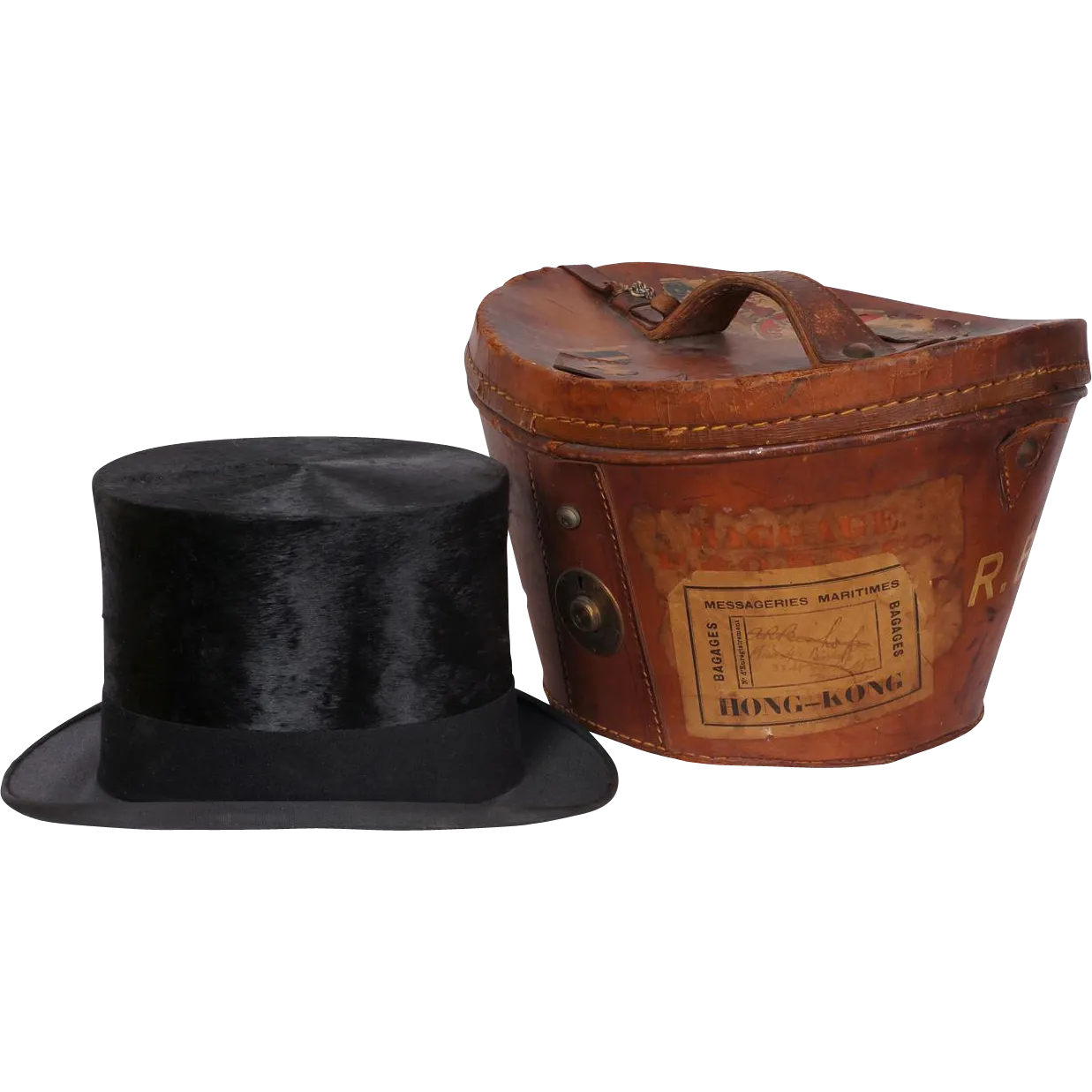 Vintage 1920s Silk Top Hat with Leather Case  - Henry Heath London - 7 1/4