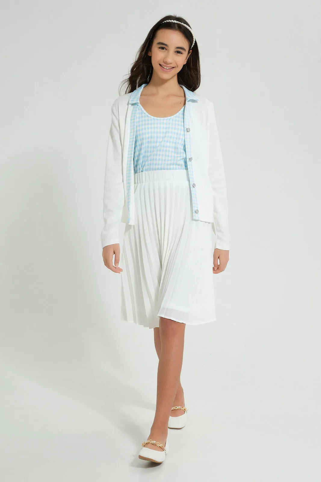 White Collared Cardigan With Inner Top (2 Piece)